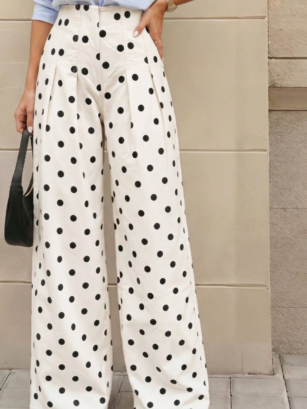 Beige Casual Women's Polka Dot Pattern Pleated Wide Leg Loose Denim Pants